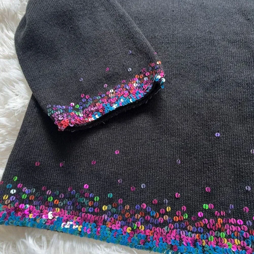 Vintage Michael Simon Rainbow Sequins Trimmed Black Cardigan Sweater Medium